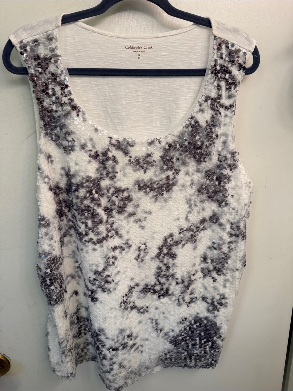 Coldwater Creek White Sequin Scoop Neck Tank with Gray Accents